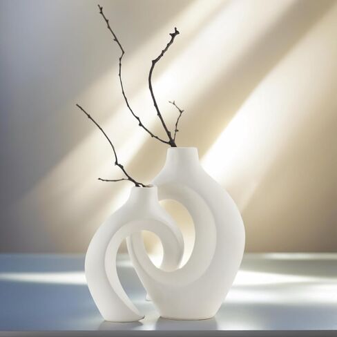 Modern Resin Vases Set - Waterproof Donut Centerpieces for Farmhouse/Boho Decor, Dual Use as Flower Holder & Shelf Decor (Matte White) in Saudi Arabia
