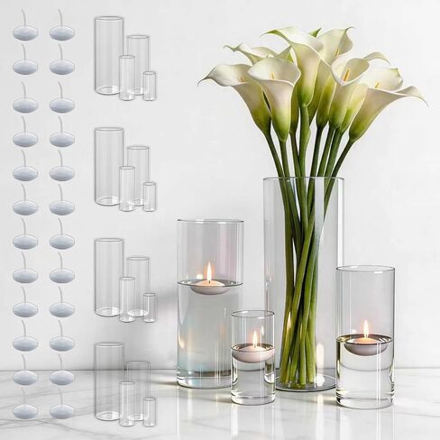 Sandraheer 16 Pack Glass Cylinder Vases with 24 Floating Candles, 4/6/8/10 Inch Clear Hurricane Candle Holders for Centerpiece Table Wedding Home Décor in Saudi Arabia