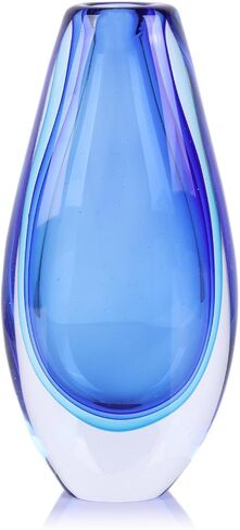Hand Blown Glass Vase – 8.9" Tall Oval Decorative Art Glass with Colorful Speckled Finish, Luxury Centerpiece for Dining Table, Coffee Table, Mantel, Shelf, Murano Coastal Decor (Blue) in Saudi Arabia