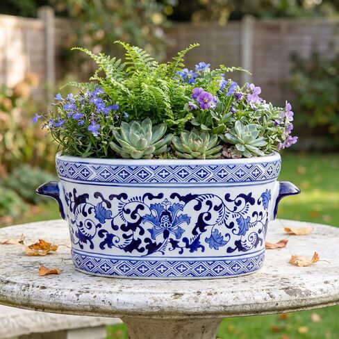 LemonRoad Blue and White Ceramic Planter Pot 14 x 7.7 x 6.1 inches Porcelain Vintage Floral Oval Cachepot Vase Chinoiserie Decor for Indoor Plants Flowers Succulents Home Living Room(Elegant Style) in Saudi Arabia