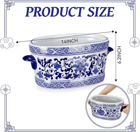 LemonRoad Blue and White Ceramic Planter Pot 14 x 7.7 x 6.1 inches Porcelain Vintage Floral Oval Cachepot Vase Chinoiserie Decor for Indoor Plants Flowers Succulents Home Living Room(Elegant Style) in Saudi Arabia