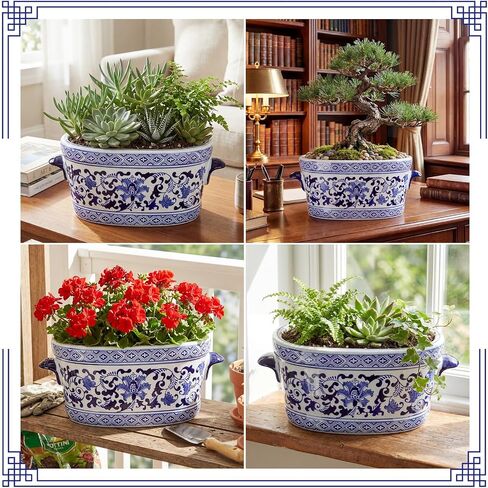 LemonRoad Blue and White Ceramic Planter Pot 14 x 7.7 x 6.1 inches Porcelain Vintage Floral Oval Cachepot Vase Chinoiserie Decor for Indoor Plants Flowers Succulents Home Living Room(Elegant Style) in Saudi Arabia