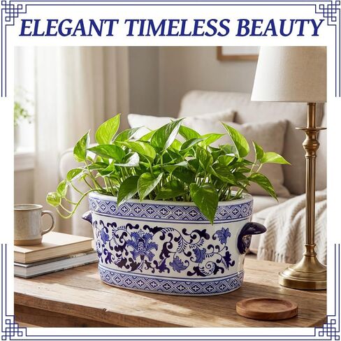 LemonRoad Blue and White Ceramic Planter Pot 14 x 7.7 x 6.1 inches Porcelain Vintage Floral Oval Cachepot Vase Chinoiserie Decor for Indoor Plants Flowers Succulents Home Living Room(Elegant Style) in Saudi Arabia