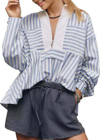 Women's Half Zip Striped Shirt Casual Ruffled Long Sleeve Oversized Loose Blouse Tops (Blue-XL) in Saudi Arabia