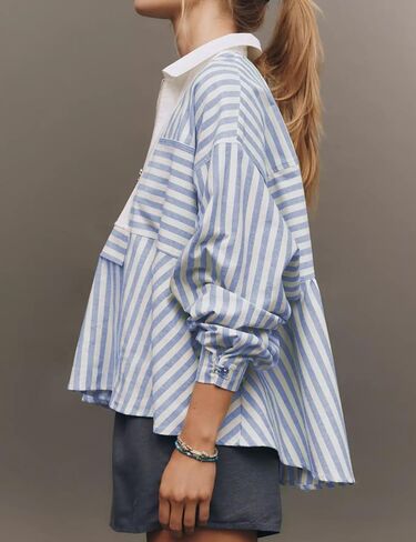 Women's Half Zip Striped Shirt Casual Ruffled Long Sleeve Oversized Loose Blouse Tops (Blue-XL) in Saudi Arabia
