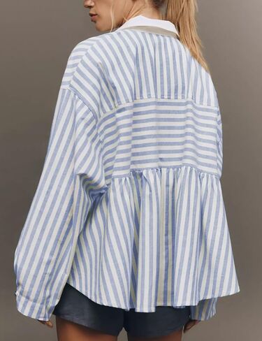 Women's Half Zip Striped Shirt Casual Ruffled Long Sleeve Oversized Loose Blouse Tops (Blue-XL) in Saudi Arabia