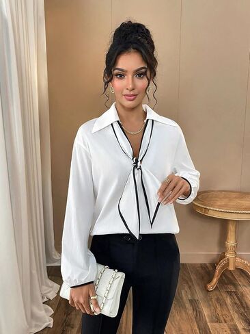 Women's White Blouse with Black Trim & Bow Tie, Long Sleeve Collared Shirt, Elegant Office & Casual Wear in Kuwait
