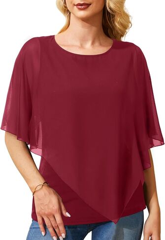 Holipick Women's Dressy Casual Top Ruffle Double Layered Solid Chiffon Blouses Shirts for Summer in Kuwait