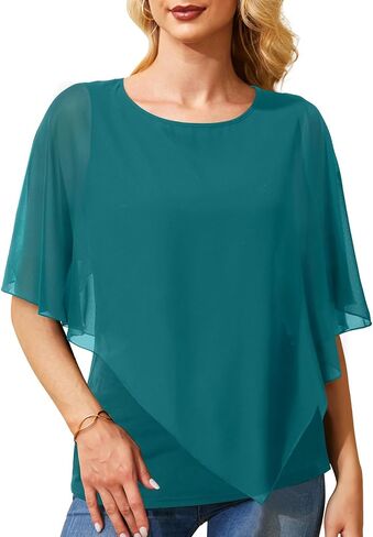 Holipick Women's Dressy Casual Top Ruffle Double Layered Solid Chiffon Blouses Shirts for Summer in Kuwait