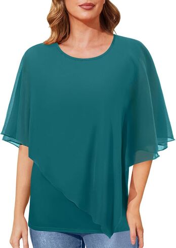 Holipick Women's Dressy Casual Top Ruffle Double Layered Solid Chiffon Blouses Shirts for Summer in Kuwait