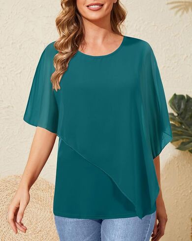 Holipick Women's Dressy Casual Top Ruffle Double Layered Solid Chiffon Blouses Shirts for Summer in Kuwait