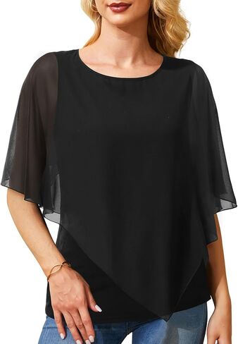 Holipick Women's Dressy Casual Top Ruffle Double Layered Solid Chiffon Blouses Shirts for Summer in Kuwait