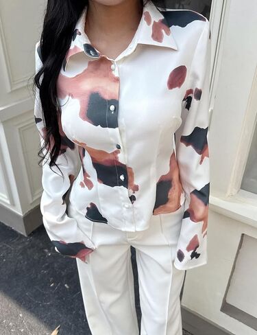 Women Abstract Print Button Down Blouse Elegant Long Sleeve Fashion Shirt Casual Collared Work Office Tops Dressy Blouses in Kuwait