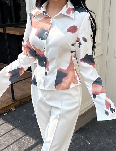 Women Abstract Print Button Down Blouse Elegant Long Sleeve Fashion Shirt Casual Collared Work Office Tops Dressy Blouses in Kuwait