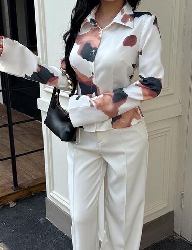 Women Abstract Print Button Down Blouse Elegant Long Sleeve Fashion Shirt Casual Collared Work Office Tops Dressy Blouses in Kuwait