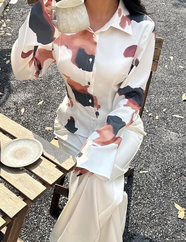 Women Abstract Print Button Down Blouse Elegant Long Sleeve Fashion Shirt Casual Collared Work Office Tops Dressy Blouses in Kuwait