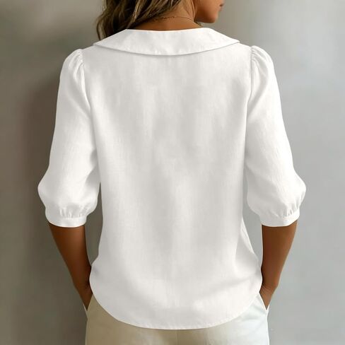 المرأة 2026 الصيف القطن قميص كتان طوق Crewneck نصف كم نفخة الكفة زر أسفل قميص العمل غير الرسمي in Kuwait