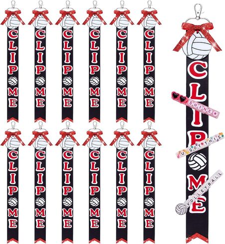 Nosiny 12 Pack Volleyball Clip Me Bag Tag Acrylic Volleyball Charm with Red Glitter Bow & Tail Trim Ribbon Sports Bag Lanyard & Cheer Clip Holder for Team Cheerleading Game Day Graduation Gifts in Kuwait