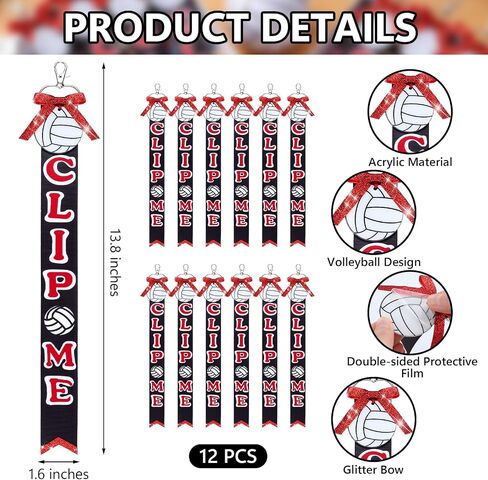 Nosiny 12 Pack Volleyball Clip Me Bag Tag Acrylic Volleyball Charm with Red Glitter Bow & Tail Trim Ribbon Sports Bag Lanyard & Cheer Clip Holder for Team Cheerleading Game Day Graduation Gifts in Kuwait