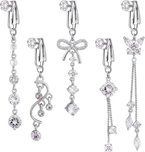 5Pcs Long Fake Belly Button Ring Clip-On - Navel Clip with Zirconia for Women, Ear Clips or Clip on Belly Button Rings Non Piercing for Beach Vacation Party Body Accessories in Saudi Arabia
