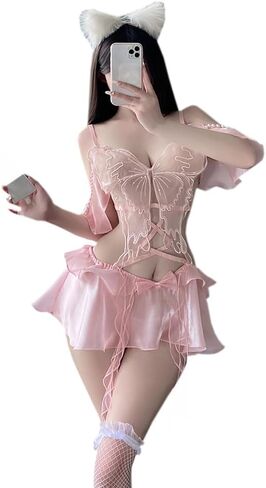 sexy lingerie for women outfit Cosplay Costume Babydoll Cut-out Bodysuit Short dress Butterfly Embroidered Lace underwear anime Roleplay Ruffled Skirt Dance Bodycon Halloween Pink in Saudi Arabia