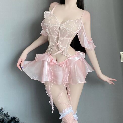 sexy lingerie for women outfit Cosplay Costume Babydoll Cut-out Bodysuit Short dress Butterfly Embroidered Lace underwear anime Roleplay Ruffled Skirt Dance Bodycon Halloween Pink in Saudi Arabia