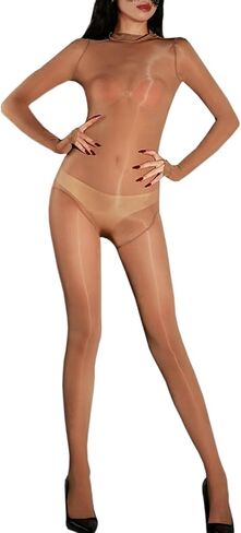 LESOYA Women Men Full Body Stocking Long Sleeve Shiny Bodystocking Oil Silky Catsuit Seamless Bodysuit in Saudi Arabia
