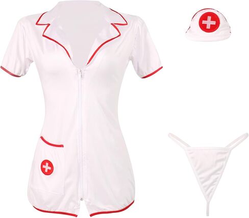 ROSVAJFY Womens Sexy Nurse Lingerie Dress Cosplay Costume Deep V Neck Front Zipper Mini Dress Ladies Doctor Roleplay Outfit Naughty Babydoll Fancy Dress with Headpiece in Saudi Arabia