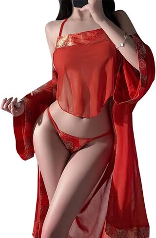 sexy robe for women long dress kimono lingerie open front costume cosplay Perspective Cute Floral Pattern Deep V-Neck japanese Yukata Anime suit Sleepwear Pajamas Side Slit outfit set red in Saudi Arabia