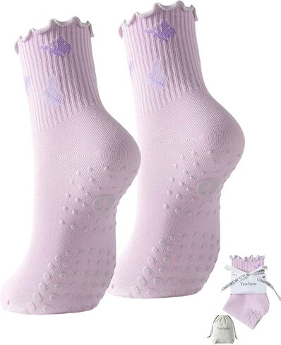 Yawlsow Cute Pilates Socks with Grips Yoga Grippy Socks Non-Slip Crew Embroidery Ruffle socks Barre Fitness Workout in Saudi Arabia