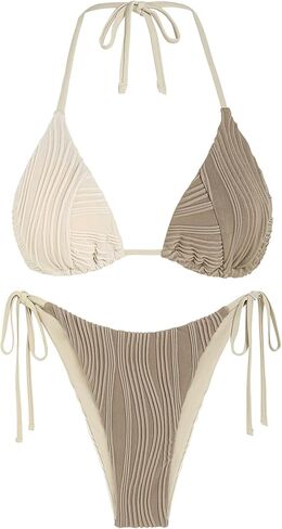 ZAFUL Womens Two Piece Swimsuits Ribbed Sexy Triangle Bikini Set Halter Neck High Cut Cheeky Bathing Suits Coffee XS in Kuwait