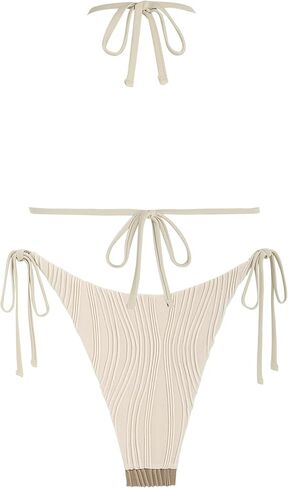 ZAFUL Womens Two Piece Swimsuits Ribbed Sexy Triangle Bikini Set Halter Neck High Cut Cheeky Bathing Suits Coffee XS in Kuwait