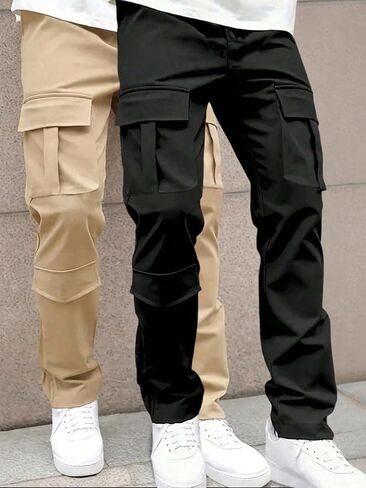 1Pcs Teen Boys Multi‑Pocket Cargo Pants, Elastic Waist Straight‑Leg Casual Streetwear Trousers in Kuwait