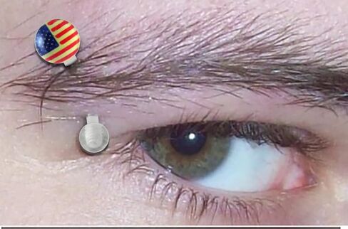 USA Flag Logo Flexible Eyebrow Ring. 16Gx5/16(1.2x8mm) Flexible Banana with 5MM Flat Logo and 3MM UV Ball Eyebrow Piercing Ring. Sold by Piece only. in Saudi Arabia