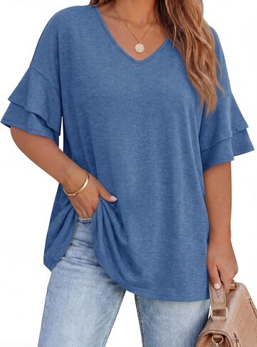 Beautife Womens Plus Size V Neck T Shirts Short Ruffle Sleeve Blouses 2026 Summer Casual Loose Fit Knit Tops in Saudi Arabia