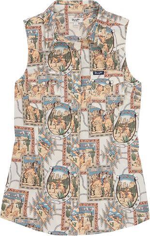 Wrangler Cream Women's Bold Print Sleeveless Western Snap Shirt 112379518 in Kuwait