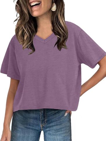 UNCLECAT Women Cropped T Shirts Casual Short Sleeve V Neck Crop Tops 2026 Summer Soft Loose Basic Tee in Saudi Arabia