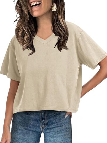 UNCLECAT Women Cropped T Shirts Casual Short Sleeve V Neck Crop Tops 2026 Summer Soft Loose Basic Tee in Saudi Arabia