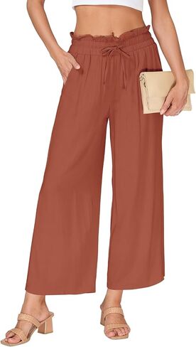 VUTRU Women Pants Wide Leg Casual Summer Slacks Tall Petite Plus Size Flowy Loose Travel Lounge Linen Trousers with Pockets, Rust Red L in Saudi Arabia