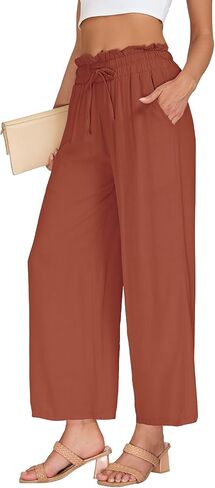 VUTRU Women Pants Wide Leg Casual Summer Slacks Tall Petite Plus Size Flowy Loose Travel Lounge Linen Trousers with Pockets, Rust Red L in Saudi Arabia