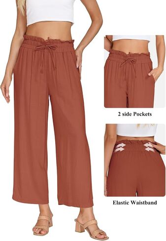 VUTRU Women Pants Wide Leg Casual Summer Slacks Tall Petite Plus Size Flowy Loose Travel Lounge Linen Trousers with Pockets, Rust Red L in Saudi Arabia