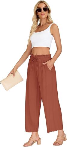 VUTRU Women Pants Wide Leg Casual Summer Slacks Tall Petite Plus Size Flowy Loose Travel Lounge Linen Trousers with Pockets, Rust Red L in Saudi Arabia