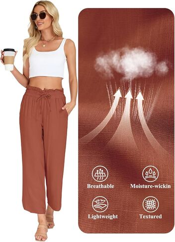 VUTRU Women Pants Wide Leg Casual Summer Slacks Tall Petite Plus Size Flowy Loose Travel Lounge Linen Trousers with Pockets, Rust Red L in Saudi Arabia