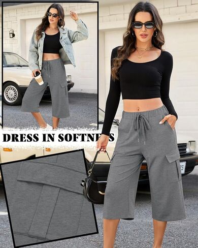 Women's Capri Pants Baggy Cargo Wide Leg Cropped Sweatpants Drawstring Casual Oversized Jogger with 4 Pockets(XX-Large,Heather Gray) in Saudi Arabia