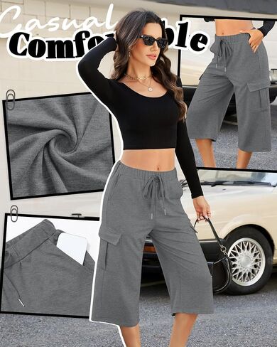 Women's Capri Pants Baggy Cargo Wide Leg Cropped Sweatpants Drawstring Casual Oversized Jogger with 4 Pockets(XX-Large,Heather Gray) in Saudi Arabia