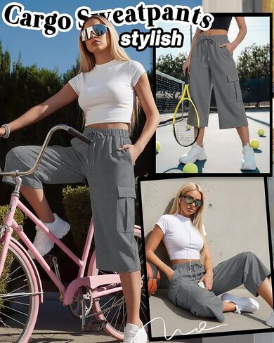Women's Capri Pants Baggy Cargo Wide Leg Cropped Sweatpants Drawstring Casual Oversized Jogger with 4 Pockets(XX-Large,Heather Gray) in Saudi Arabia