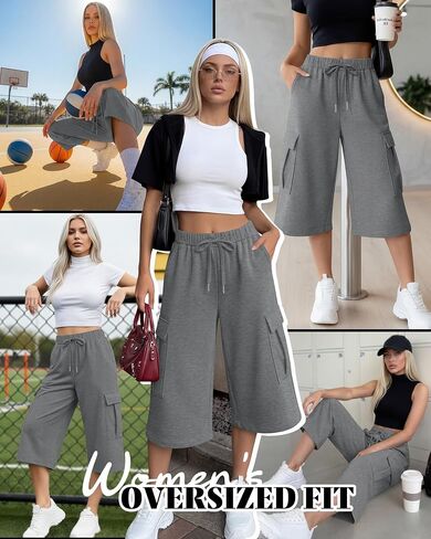 Women's Capri Pants Baggy Cargo Wide Leg Cropped Sweatpants Drawstring Casual Oversized Jogger with 4 Pockets(XX-Large,Heather Gray) in Saudi Arabia