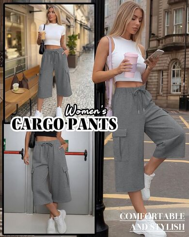 Women's Capri Pants Baggy Cargo Wide Leg Cropped Sweatpants Drawstring Casual Oversized Jogger with 4 Pockets(XX-Large,Heather Gray) in Saudi Arabia