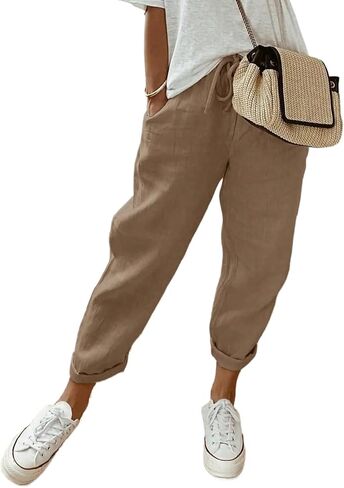 Women’s Beige Linen-Blend Jogger Pants - High Waist Drawstring Loose-Fit Cropped Trousers with Pockets in Kuwait