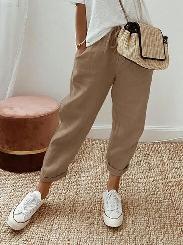 Women’s Beige Linen-Blend Jogger Pants - High Waist Drawstring Loose-Fit Cropped Trousers with Pockets in Kuwait